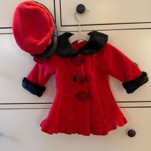 Starting Out Red and Black Infant Coat with Faux Fur Trim
